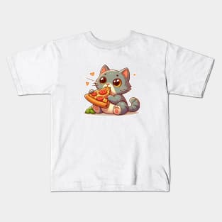 cute cat fat eat pizza slice cartoon illustration Kids T-Shirt